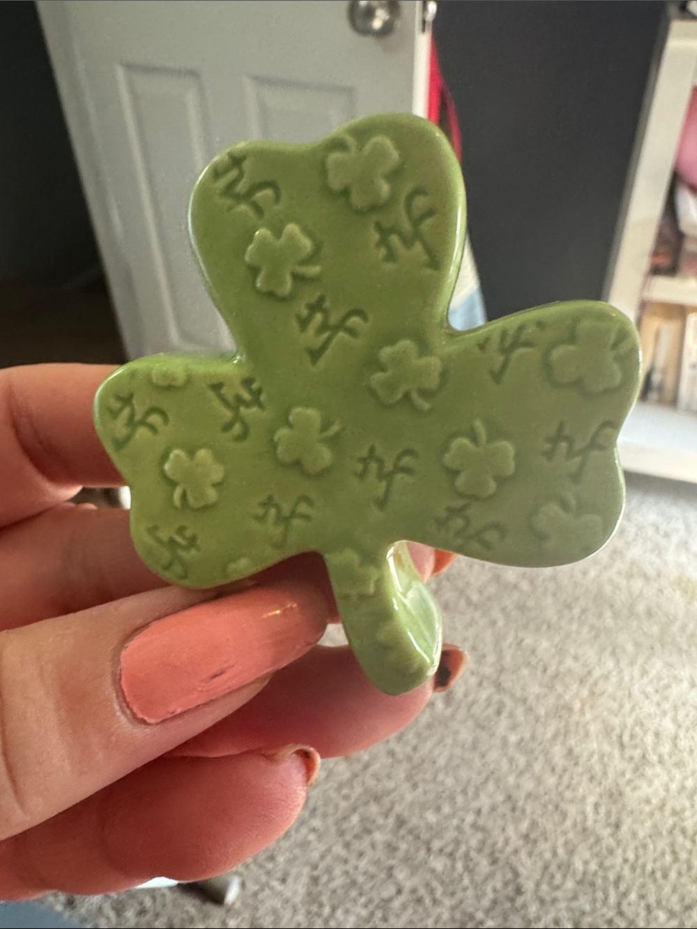 Nora Fleming Green Shamrock Mini Charm Embossed NF initials- retired